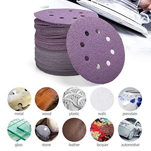LotFancy Sanding Discs 5 Inch 8 Hole, 100PCS 40 60 80 120 180 220 240 320 400 800 Grit Assorted Professional Sandpaper, Hook and Loop Random Orbital LotFancy