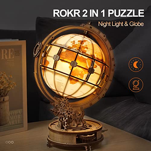 3D Wooden Puzzles Globe Model Kit for Adults to Build ROKR 3D Puzzles Night Light Desk Display Toy Unique Gift for Birthday/Anniversay ROKR