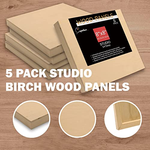 Unfinished Wood Boards Canvas for Painting, 5 Packs 3/4’’ Deep Cupohus 8’’ x 8’’ Wooden Cradled Panels for Pouring Art, Crfats, Paints and More Cupohus
