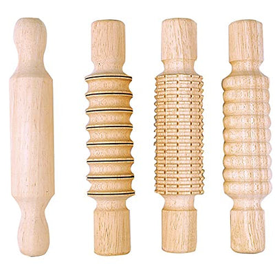 Colorations DESIGN All Wood Clay and Dough Textured Rolling Pins, Set of 4, Assorted, Hard Natural Wood, Easy to Clean, 8 1/2 Inches, for Kids, Arts