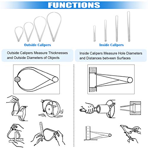 Glarks 8Pcs Stainless Steel Inside Outside Caliper Set, 4'' 8'' 10'' 12'' Straight/Bent Leg Ceramic Pottery Measuring Tools for Carving, Shaping, Glarks