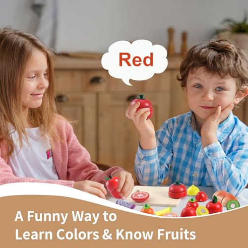 WHOHOLL Wooden Play Food for Kids Kitchen Playset, Play Kitchen Accessories Pretend Cutting Food Montessori Toys for 2+ Year Old with Basket, Toy WHOHOLL