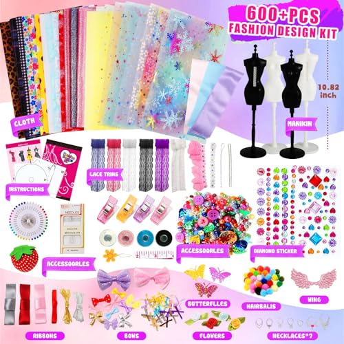 Jumlys 600+PCS Fashion Designer Kits for Girls Ages 6, 7, 8, 9, 10, 11, 12, Sewing Kits with 4 Mannequins for Kids Ages 6-8, 8-12, DIY Arts and Jumlys