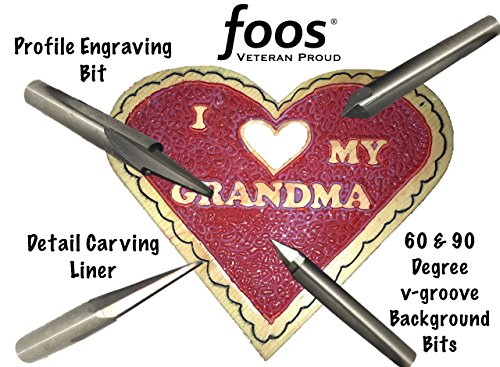 FOOS - Engraving CNC Wood Carving Router Bit Set - 4pcs - Solid Carbide - 1/4” Shanks - Veteran Owned = Profile + Carving Liner + 2 V Groove USA Foos
