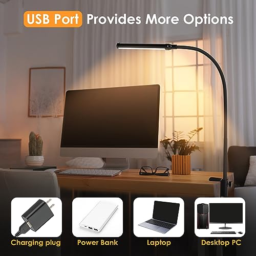 ShineTech LED Desk Lamp for Home Office, Eye-Caring Desk Light with Clamp, 3 Colors Stepless Brightness Adjustable Flexible Gooseneck, USB Adapter ShineTech