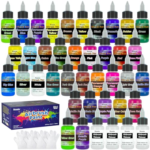 Airbrush Paint, 36 Colors with 4 Thinner Airbrush Paint Set, Water-Based Air brush Paints Acrylic Ready to Spray Includes Metallic & Neon Colors, Roizefar