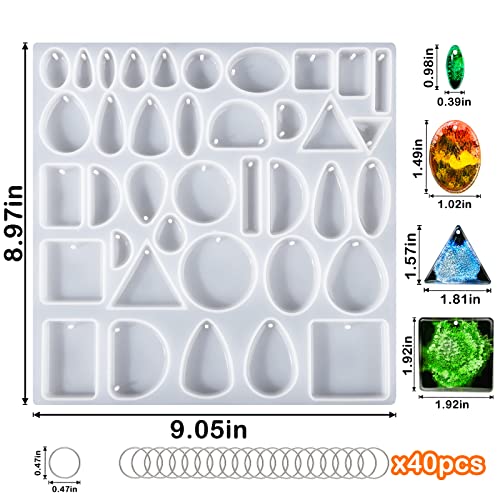 BABORUI Resin Molds Jewelry, 38 Cavities Pendant Silicone Molds for Epoxy with 40Pcs Jump Rings, DIY Resin Casting for Pendant, Earrings, Necklace, BABORUI