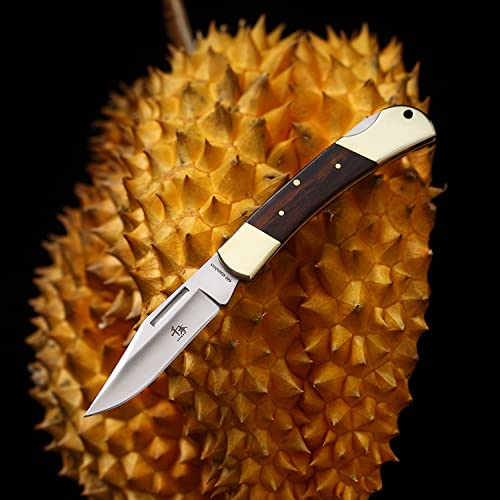 SENBON folding lock back knife 4in 440a sharp outdoor knife sand iron wood copper handle with Leather Sheath SENBON