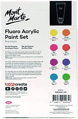 Mont Marte Fluoro Acrylic Paint Set, 8 x 1.02oz (36ml) Tubes, 8 Colors, Suitable for Most Surfaces Including Canvas, Card, Paper and Wood MONT MARTE