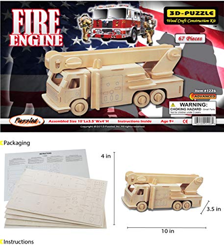 Puzzled 3D Puzzle Fire Engine Vehicle Wood Craft Construction Kit Fun & Educational DIY Wooden Toy Assemble Model Unfinished Crafting Hobby Fire Puzzled