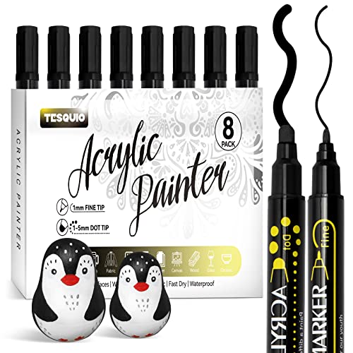 Tesquio Black Paint Marker, 8 Pack Dual Tip Acrylic Paint Pens, Ideal for Wood, Rock Painting, Canvas, Stone, Glass, Ceramic Tesquio