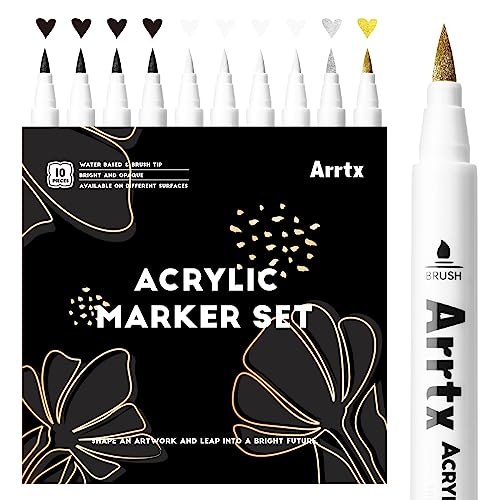 Arrtx Acrylic Paint Pens, 10 Pack Extra Brush Tip White Paint Markers Metallic for Rock Fabric Wood Glass Canvas Ceramic, 4 White 4 Black 1 Gold & 1 Arrtx