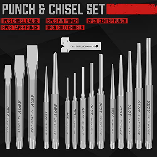 16-Piece Precision Punch & Chisel Set - Taper Punch, Pin Punch, Center Punch, Cold Chisels & Gauge for Versatile Applications SEDY