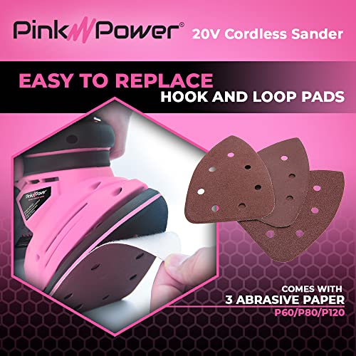 Pink Power Detail Sander for Woodworking 20V Cordless Electric Hand Sander for Wood Furniture - Mini Palm Sander Tool with Sandpaper, Li-Ion Battery Pink Power