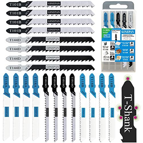 20PCS T Shank Jigsaw Blades Tool for Wood Plastic Metal Compatible with 90% Power Jig Saws Such as Bosch DEWALT RYOBI One+ Makita SKIL Black+Decker GINEPAN