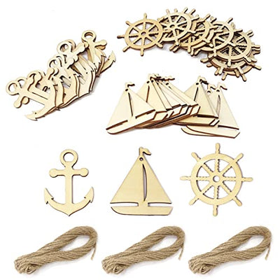 yueton 36PCS 3 Styles Nautical Themed Unfinished Wood Cutouts Wood Slices Wood Chips, Sailboat Rudder Anchor Wooden Cutouts, Wooden Hanging