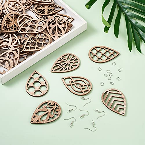 Craftdady 30 Pairs Unfinished Wood Earring Making Kit Hollow Filigree Blank Teardrop Wooden Cutouts Charms with Earring Hooks Jump Rings for DIY Craftdady