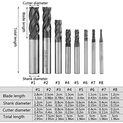 8pcs 2-12mm CNC Square Nose End Mills Set, Tungsten Carbide End Mill Bits, 4 Flutes Carbide End Mill Set Tungsten Steel Milling Cutter Tool Kit for ANKROYU