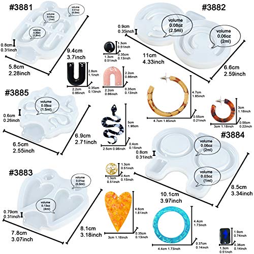 FUNSHOWCASE Snake Earring Epoxy Resin Silicone Molds Heart Oval Ring C Shaped, Stud Dangle Jewelry Casting Supplies 5-Bundle 0.5-2inch FUNSHOWCASE