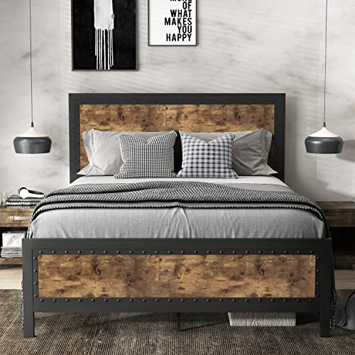Industrial Grey Metal Queen Bed Frame with Rivet Headboard - SHA CERLIN SHA CERLIN