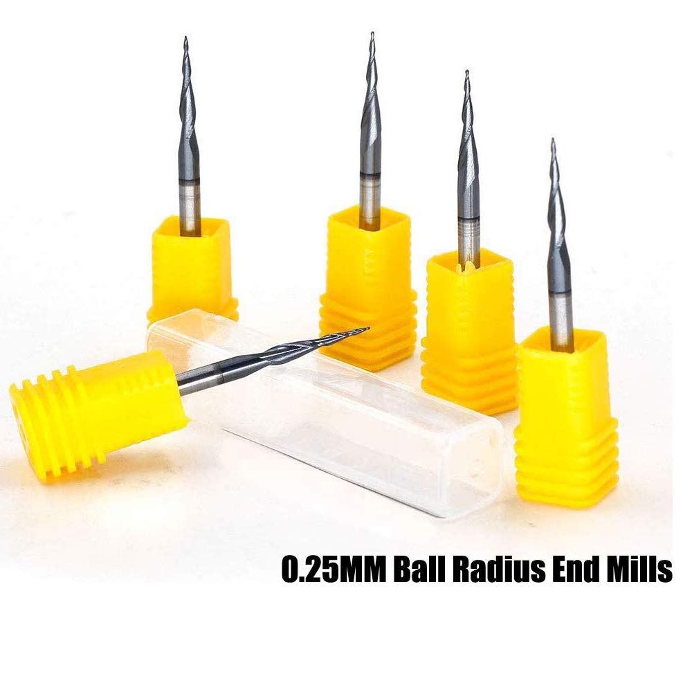 OSCARBIDE Tapered Ball Nose Carbide End Mills 1/8" Shank R0.25 CNC Router Bit 2 Flutes Tin Coated for Engraving Milling 3D Relief Carving.5pcs/Set OSCARBIDE