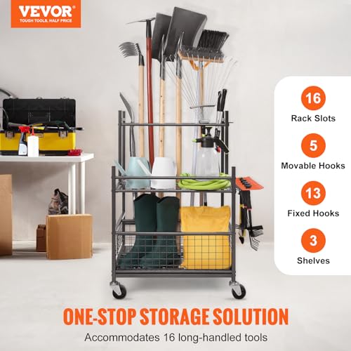 VEVOR Garden Tool Organizer, 16 Slots with Hooks, Yard Tool Tower Rack with Wheels for Garage Organization and Storage, Hold Long-Handled VEVOR