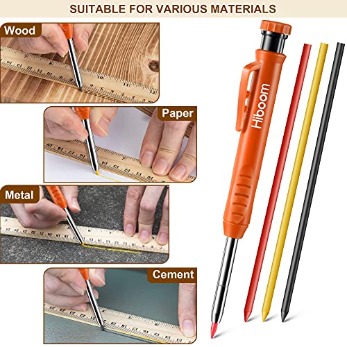 Hiboom 2 Pack Solid Carpenter Pencils with Pencil Cap and 18 Refills, Long Nose Deep Hole Mechanical Pencil Marker, Scribe Tool with Built-in Hiboom