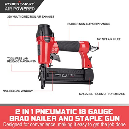 PowerSmart Pneumatic Brad Nailer, 2 in 1 Nail Gun and Crown Stapler with Safety Goggles, Compatible with 5/8” up to 2” Nails, 18 Gauge Brad Gun for
