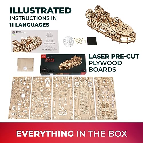 UGEARS Rescue Hovercraft - Boat Model Kits for Adults - 3D Wooden Puzzle Ship - Wood Model Boat Kits to Build - Premium Model Boats Kits with UGEARS