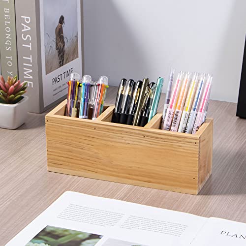 Useekoo Wood Pencil Holder, Wood Desk Organizers and Accessories 3 Compartment, Rustic Remote Control Holder, Wooden Caddy Office Supplies for Home, Useekoo