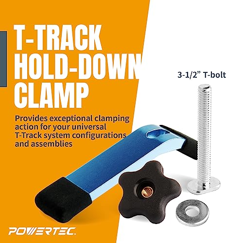 POWERTEC 71168V T-Track Hold Down Clamp, 5-1/2" L x 1-1/8" W, 2 Pack, T Track Clamps for Woodworking POWERTEC