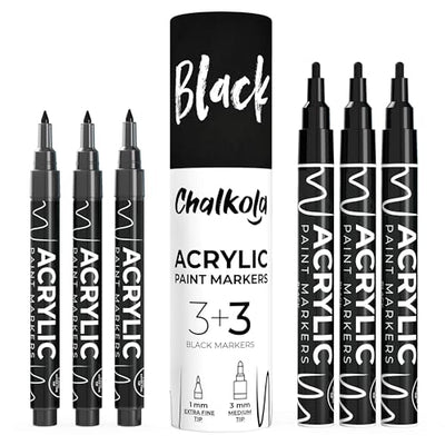 Chalkola Acrylic Black Paint Pen (6 Pack) Extra Fine Point (1mm) & Medium Tip (3mm) - Permanent Black Marker Ink for Rock Painting, Fabric, Tire,