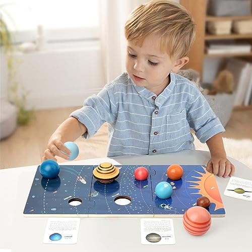 Wooden Solar System Model Board, Montessori Toys Planets Puzzle Science STEM Space Learning for Kids 4-8 with 3D Planets Models, Prechool Educational Xylolin