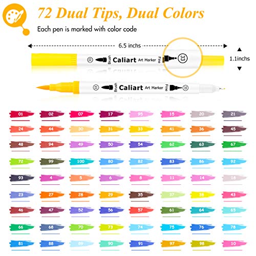 Caliart Markers for Adult Coloring, 72 Dual Tip Brush Pen Art Markers, Water Based Numbered (Fine & Brush Tip), Halloween Lettering Drawing Sketching Caliart