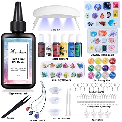 UV Resin Kit with Light,116Pcs Resin Jewelry Making Kit with 100g Fast Cure Clear Hard Low Odor UV Resin, Color Pigment, Resin Accessories, UV Resin Frenshion
