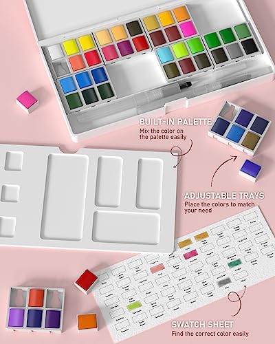 Nicpro 48 Colors Watercolor Paint Set with 8PCS Squirrel Painting Brushes, 25 Sheet Water Color Paper, 2 Water Brush Pens, Palette, Sponge, Art Nicpro