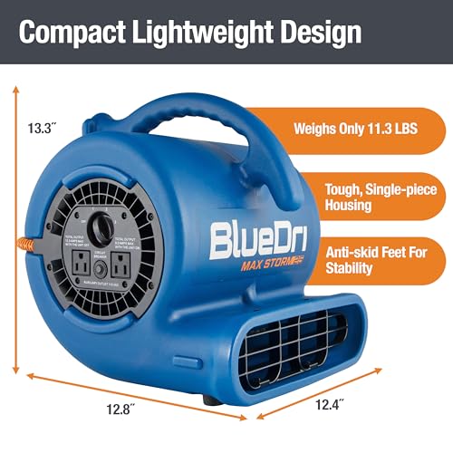 BlueDri Max Storm 25 1/4 HP, 900 CFM Air Mover Blower Fan for Water Damage Restoration Carpet Dryer Floor Home and Plumbing Use, Blue, BD-MS25, Large BlueDri