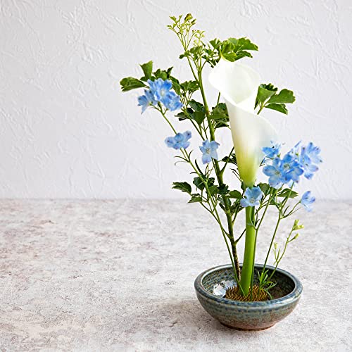 Wazakura Minoyaki Series Japanese Ikebana Essential Tool Kit with Small Round Ceramic Flower Vase and Kenzan Pin Frog for Floral Arranging - Brown & Wazakura