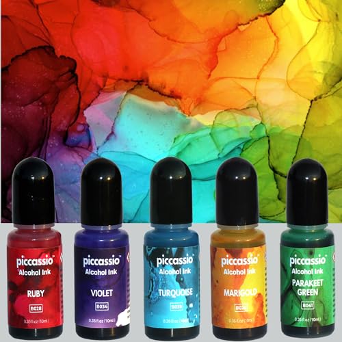 Alcohol Ink Set - New Improved Formula - 24 Highly Saturated Alcohol Inks - Fast-Drying and Permanent Inks - Versatile Alcohol Ink for Epoxy Resin, Piccassio