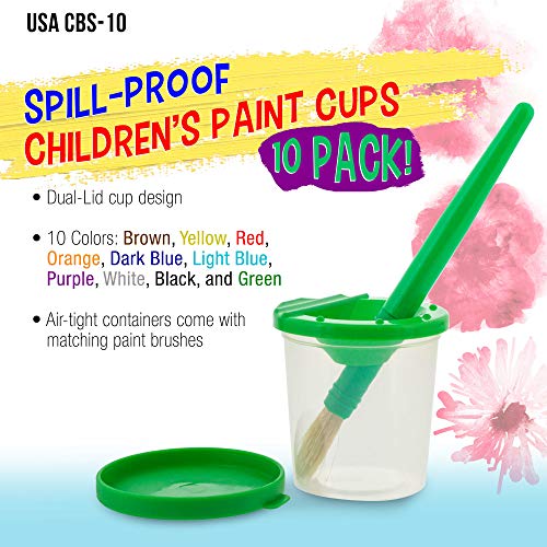 U.S. Art Supply 10 Piece Children's No Spill Paint Cups with Colored Lids and 10 Piece Large Round Brush Set with Plastic Handles U.S. Art Supply