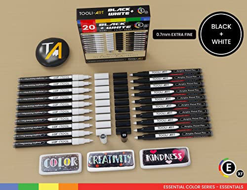 TOOLI-ART Black And White Acrylic Paint Markers Paint Pens Set For Rock Painting, Canvas, Mugs, Metal, Glass Paint, Fabric, Wood, DIY. Non Toxic, TOOLI-ART