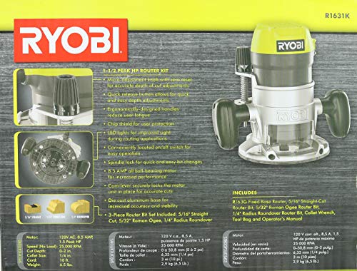 Ryobi R1631K 1-1/2 Peak HP 8.5 Amp LED Lit Corded Router Including 3 Piece Bit Set (w/ Tool Bag) Ryobi