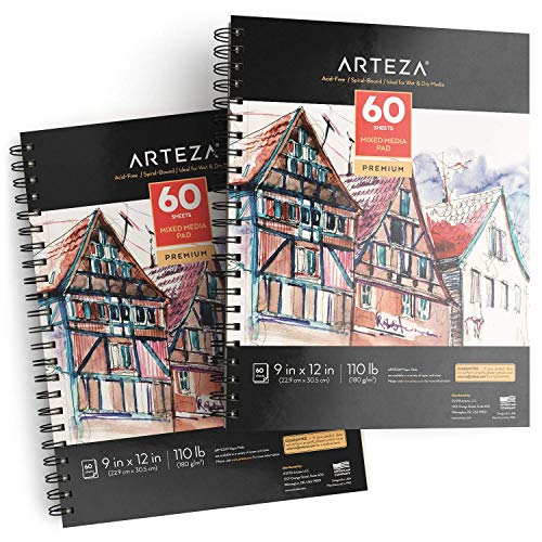 ARTEZA Mixed Media Sketchbooks, Pack of 2, 9 x 12 Inches, 60-Sheet Drawing Pads, 110lb/180gsm Acid-Free Paper, Micro-Perforated, Spiral-Bound, Art ARTEZA