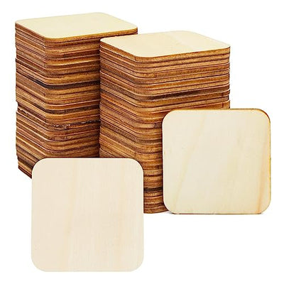 60 Pack 2x2 Wood Squares for Crafts, 2.5mm Unfinished Wood Cutouts with Rounded Corners