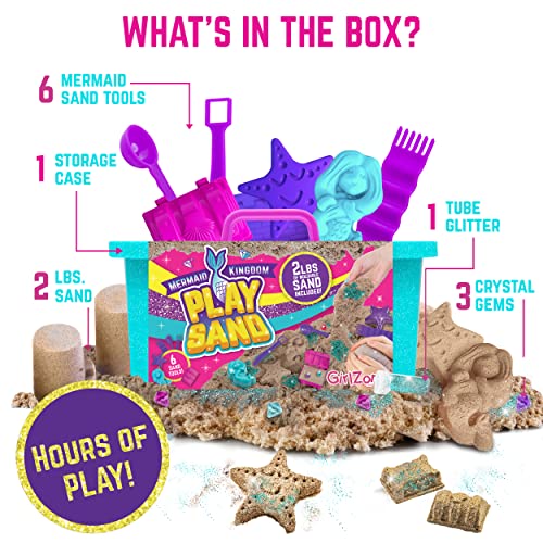 GirlZone Mermaid Treasures Play Sand Kit, 2lbs of Magic Sand for Kids Kit with Gems, Carry Case and More, Kids Toys for Playdates and Great Gift Idea GirlZone