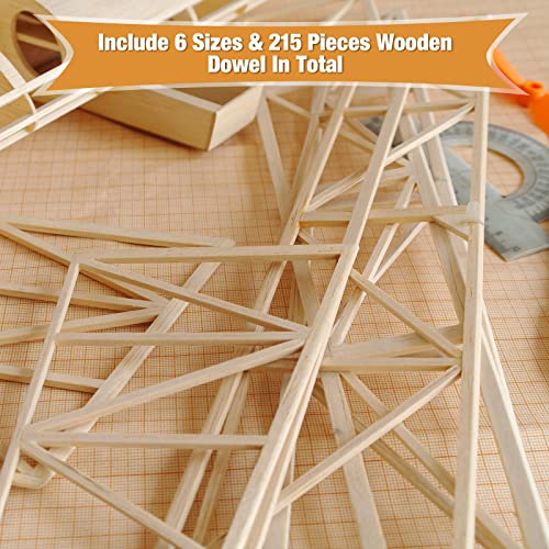 215 Pieces Balsa Wood Sticks Wooden Dowel Rods 1/8, 3/16, 1/4, 5/16, 3/8, 1/2 Inch Round Hardwood Unfinished Wooden Strips for DIY Molding Crafts Yulejo