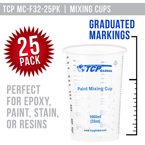TCP Global 32 Ounce (1000ml) Disposable Flexible Clear Graduated Plastic Mixing Cups - Box of 25 Cups - Use for Paint, Resin, Epoxy, Art, Kitchen, TCP Global