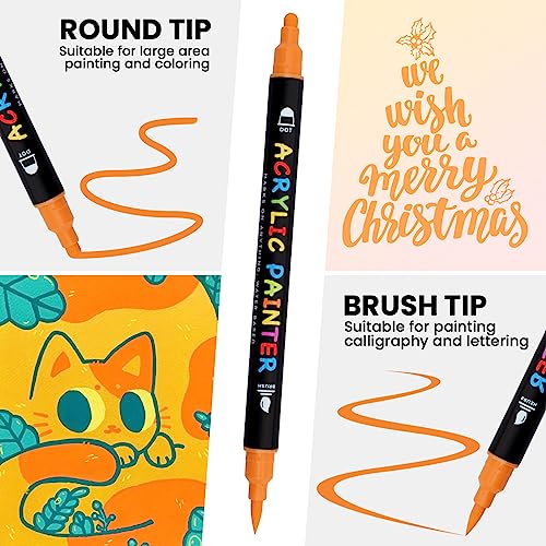 Tesquio Paint Pens, 42 Colors Acrylic Paint Pens Paint Markers, Dual Tip Pens With Medium Tip and Brush Tip for Rock Painting, Wood, Ceramic, Fabric, Tesquio