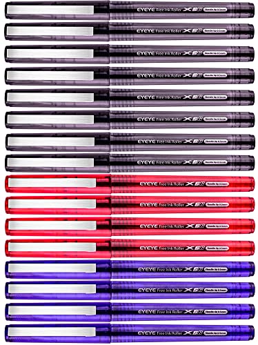 EYEYE Liquid Ink Roller Ball Pens Fine Point, 4 Blue 8 Black 4 Red 16 Pcs Extra Fine Rollering Pen, 0.5mm Needle Nib, Free Ink Roller, Rollerball