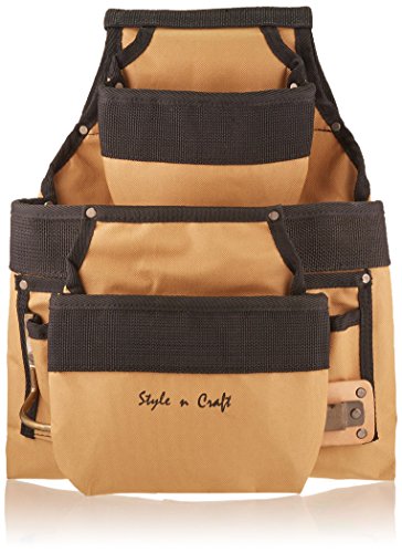 Style n Craft 9-Pocket Carpenter’s Nail and Tool Pouch, Heavy-Duty 600D Polyester Tool Pouch with Metal Hammer Holder and Metal Tape Clip, Khaki and Style N Craft